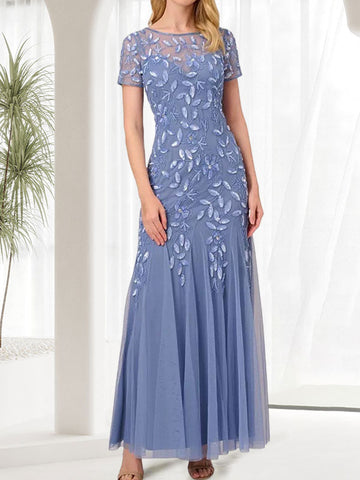 Vestido largo de sirena azul con cuello redondo para madre de la novia con cuentas