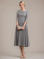 A-line Scoop Tea-Length Lace Chiffon Mother of the Bride Dress by Dreamylily