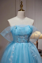 Blue Off The Shoulder Beading Appliques Tulle Short Homecoming Dresses by Cicinia