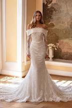 White Long Sleeve Corset Mermaid Bridal Gown with Cathedral Train SW674