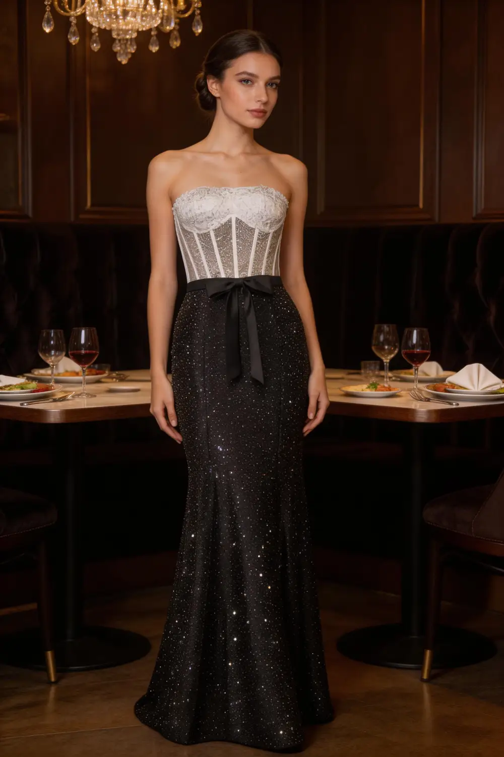 White Lace Corset Black Glitter Mermaid Prom Dress, Strapless Formal Evening Gown by tangjianjun