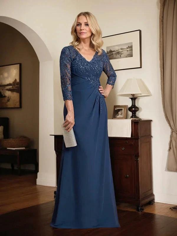 Sheath/Column V-Neck Illusion Floor-Length Lace Chiffon Mother of the Bride Dress With Pleated Sequins by Dreamylily