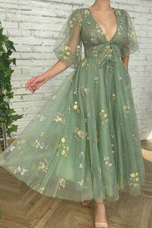 Green V Neck Short Sleeves Ankle Length Floral Tulle Short Prom Dresses Hover Image