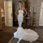 Elegant White Strapless Sheer Lace Mermaid Wedding Dress with Neckwear SW223
