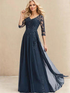 A-line V-Neck Floor-Length Lace Chiffon Mother of the Bride Dress With Sequins by Dreamylily