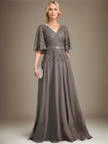 A-line V-Neck Floor-Length Chiffon Lace Mother of the Bride Dress With Crystal Brooch Rhinestone by Dreamylily