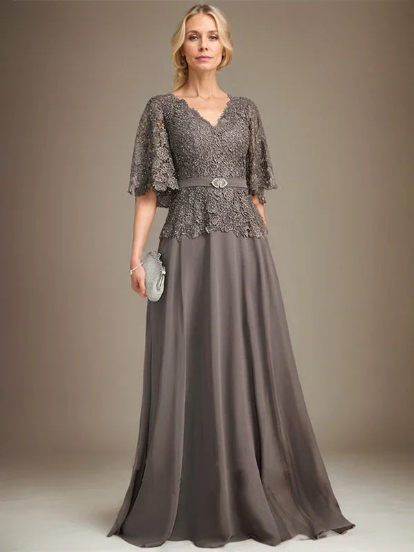 A-line V-Neck Floor-Length Chiffon Lace Mother of the Bride Dress With Crystal Brooch Rhinestone by Dreamylily
