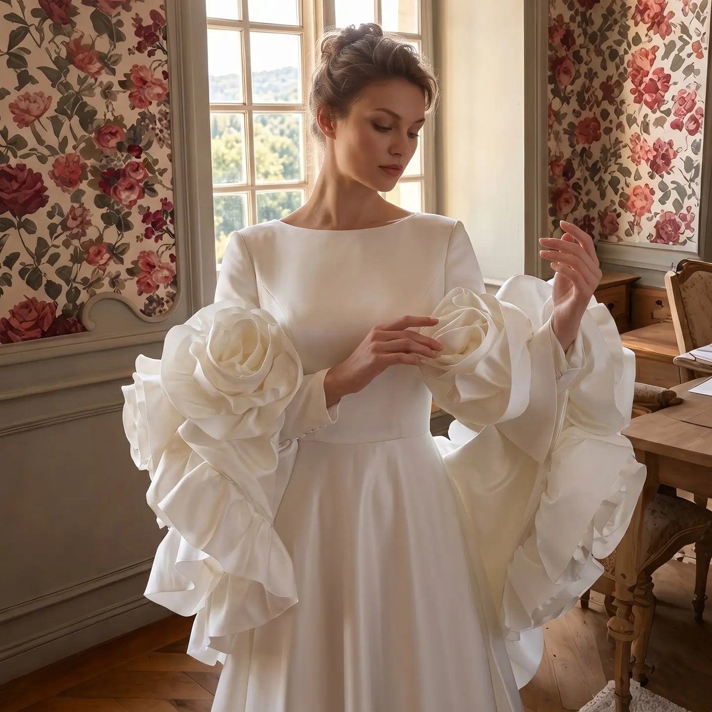Ivory  Romantic A-Line Satin Wedding Dress 3D Rose Floral With Veil  SW661