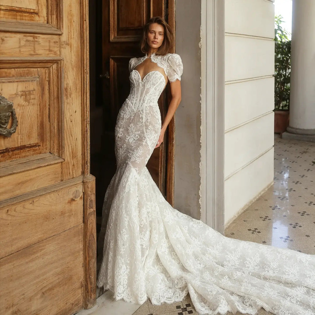 Vintage Ivory Lace High Neck Puff Sleeve Backless Mermaid Wedding Dress SW180