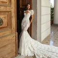 Vintage Ivory Lace High Neck Puff Sleeve Backless Mermaid Wedding Dress SW180