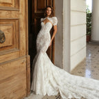 Vintage Ivory Lace High Neck Puff Sleeve Backless Mermaid Wedding Dress SW180