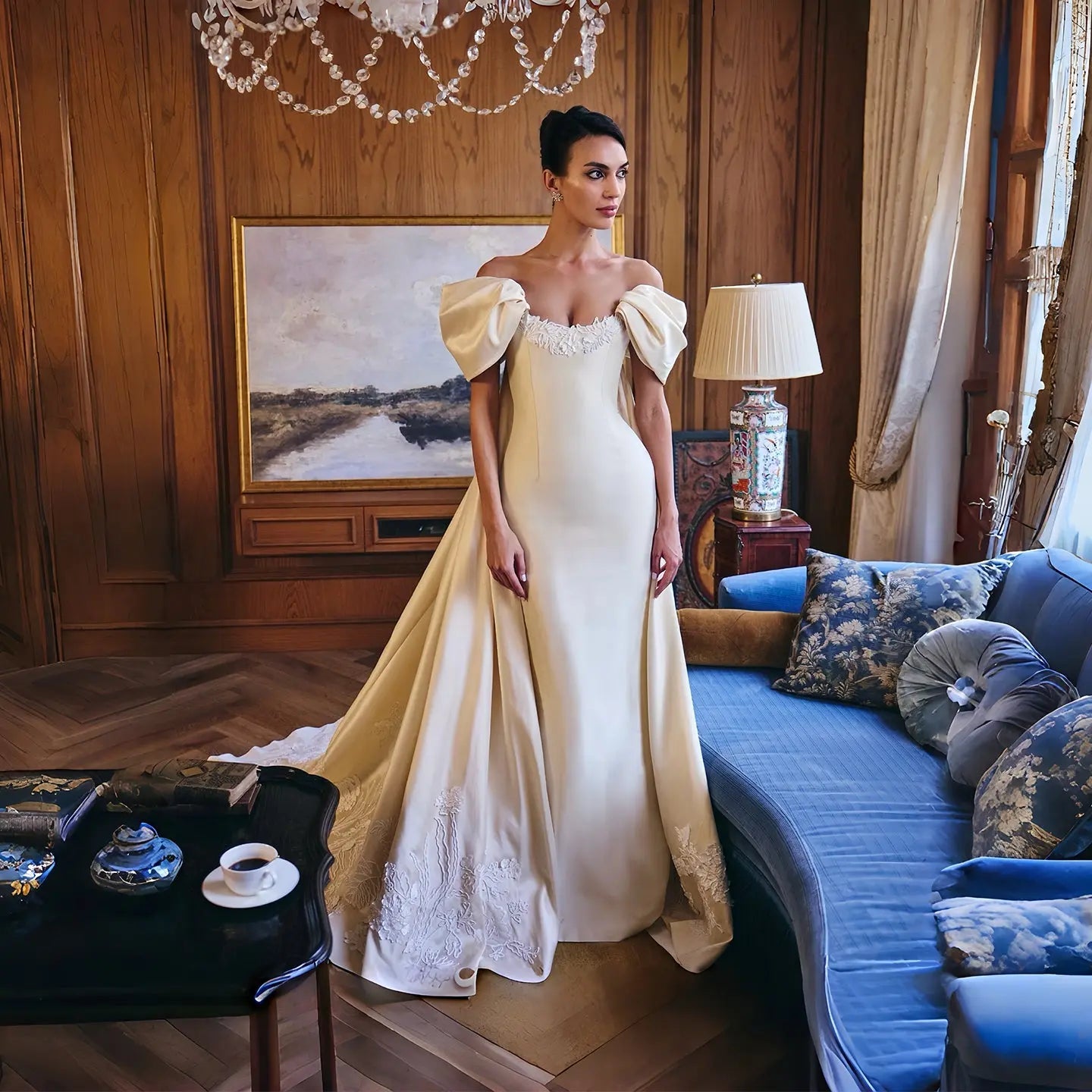 Luxury Ivory Off-the-Shoulder Satin Wedding Dress with Puff Sleeves SW230