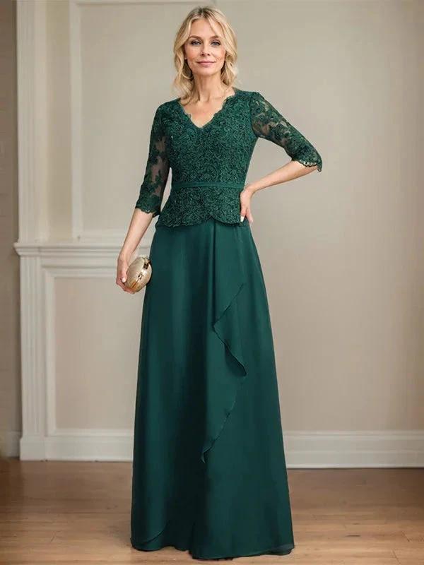 A-line V-Neck Floor-Length Lace Chiffon Mother of the Bride Dress With Cascading Ruffles Sequins by Dreamylily