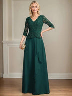 A-line V-Neck Floor-Length Lace Chiffon Mother of the Bride Dress With Cascading Ruffles Sequins by Dreamylily