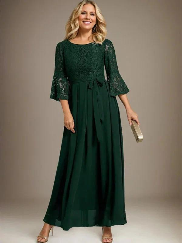 A-line Scoop Ankle-Length Lace Chiffon Mother of the Bride Dress With Bow by Dreamylily