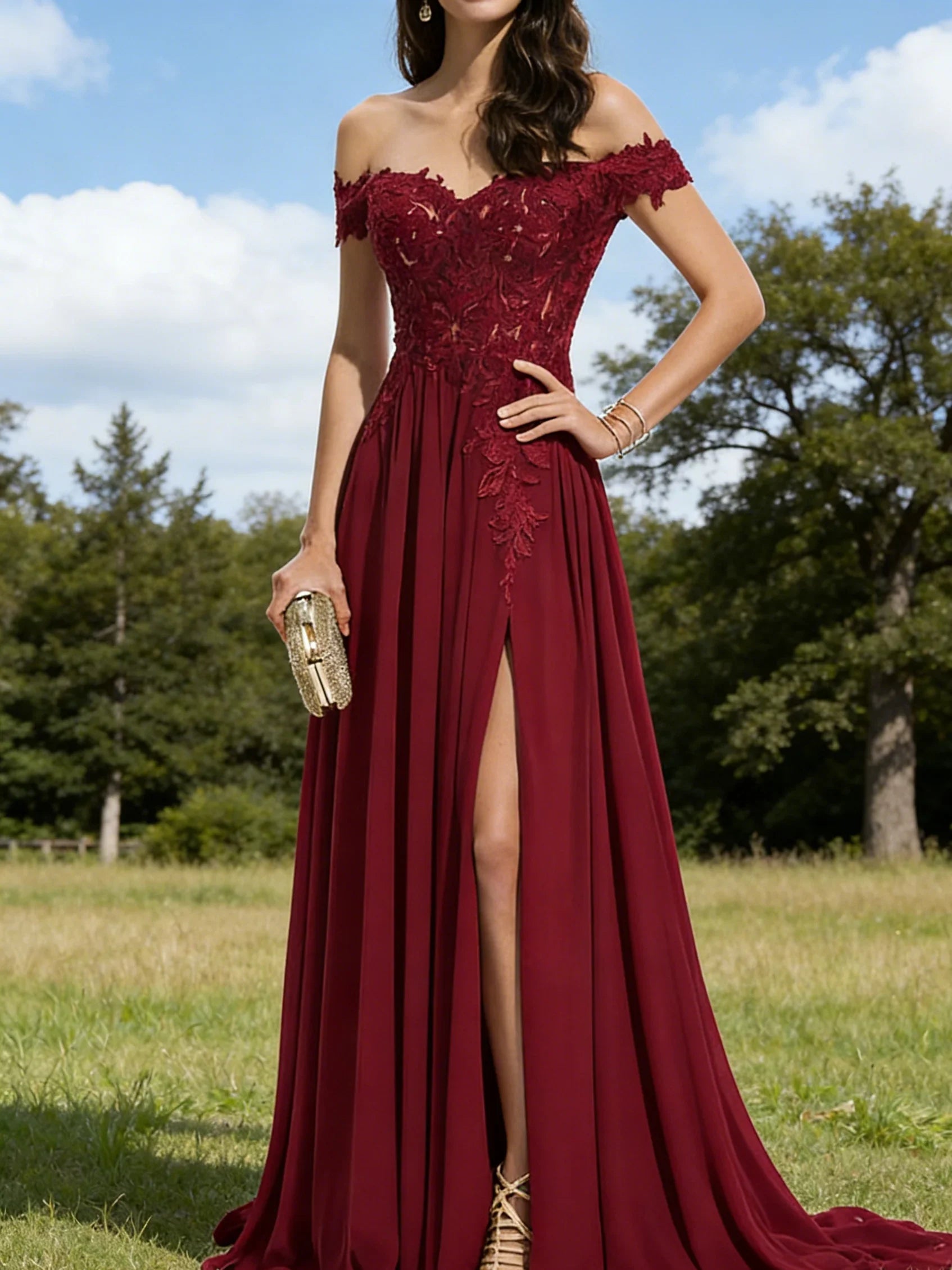 Burgundy Off-the-Shoulder Lace Evening Gown with Train