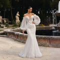 White  Off‑The‑Shoulder Puff Sleeve 3D Floral Mermaid Wedding Dress SW630