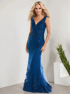 A-line V-Neck Floor-Length Lace Chiffon Mother of the Bride Dress With Applique Sequins Mermaid Dresses by Dreamylily