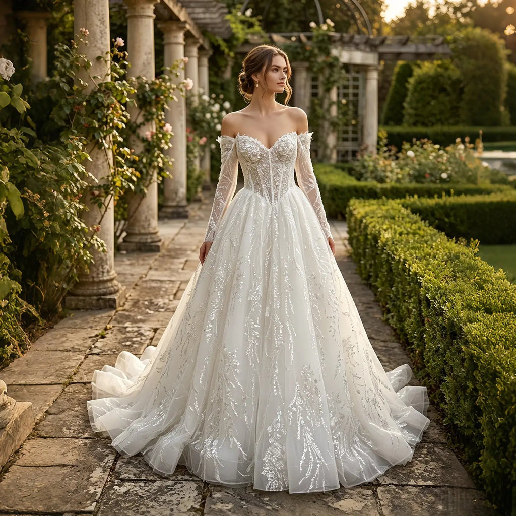 Luxury White Off-the-Shoulder Long Sleeve Lace Tulle Ball Gown Wedding Dress SW702