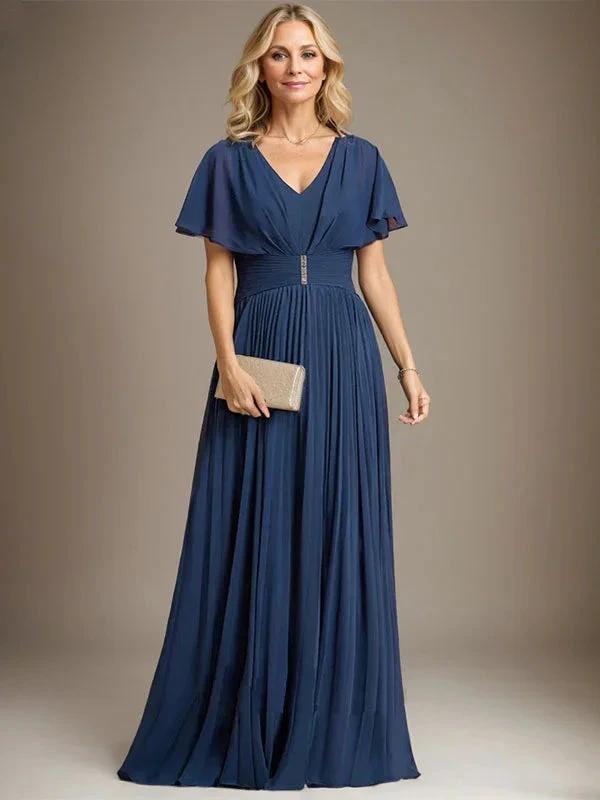 A-line V-Neck Floor-Length Chiffon Mother of the Bride Dress With Crystal Brooch Pleated by Dreamylily