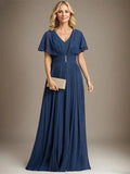 A-line V-Neck Floor-Length Chiffon Mother of the Bride Dress With Crystal Brooch Pleated by Dreamylily