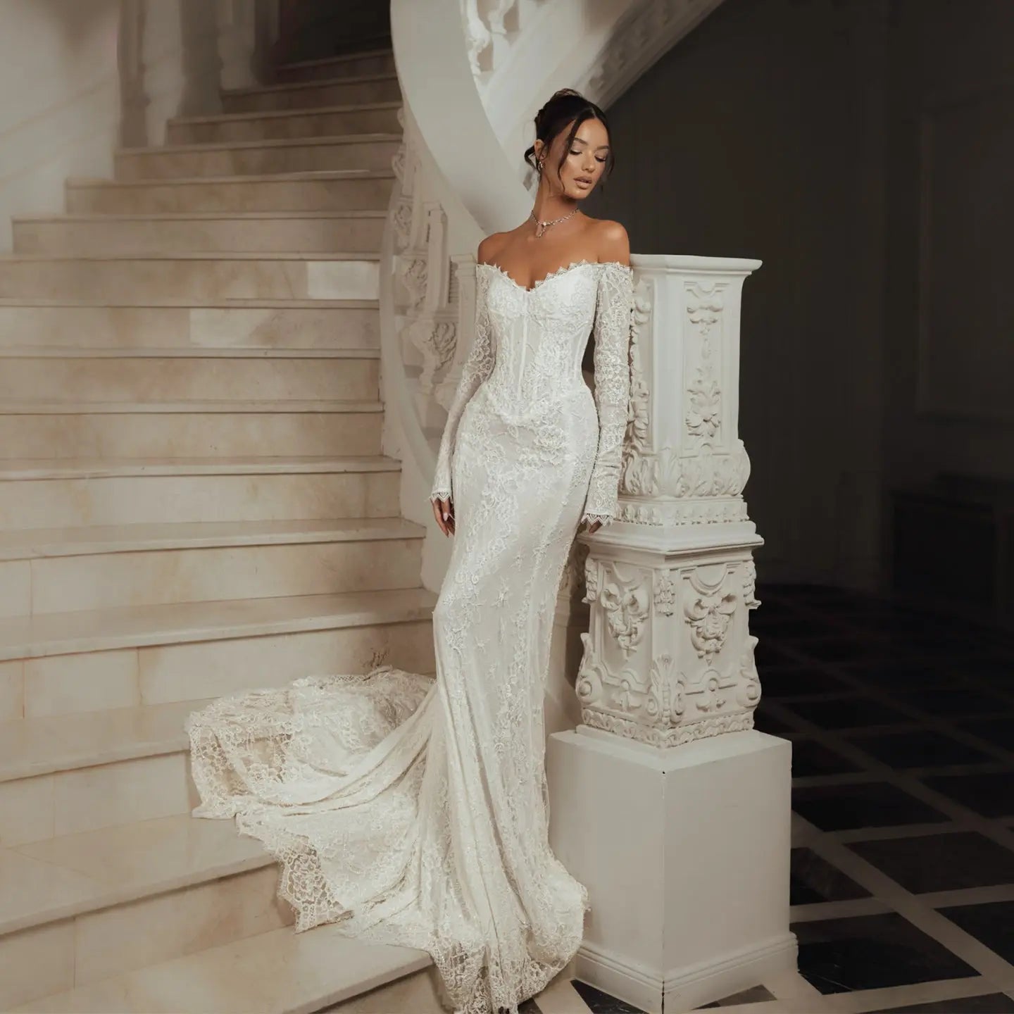 White Off the Shoulder Long Sleeve Lace Mermaid Wedding Dress SW135