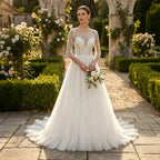 Glamorous White Illusion Neck Lace & Tulle Wedding Dress with Cathedral Train SW709