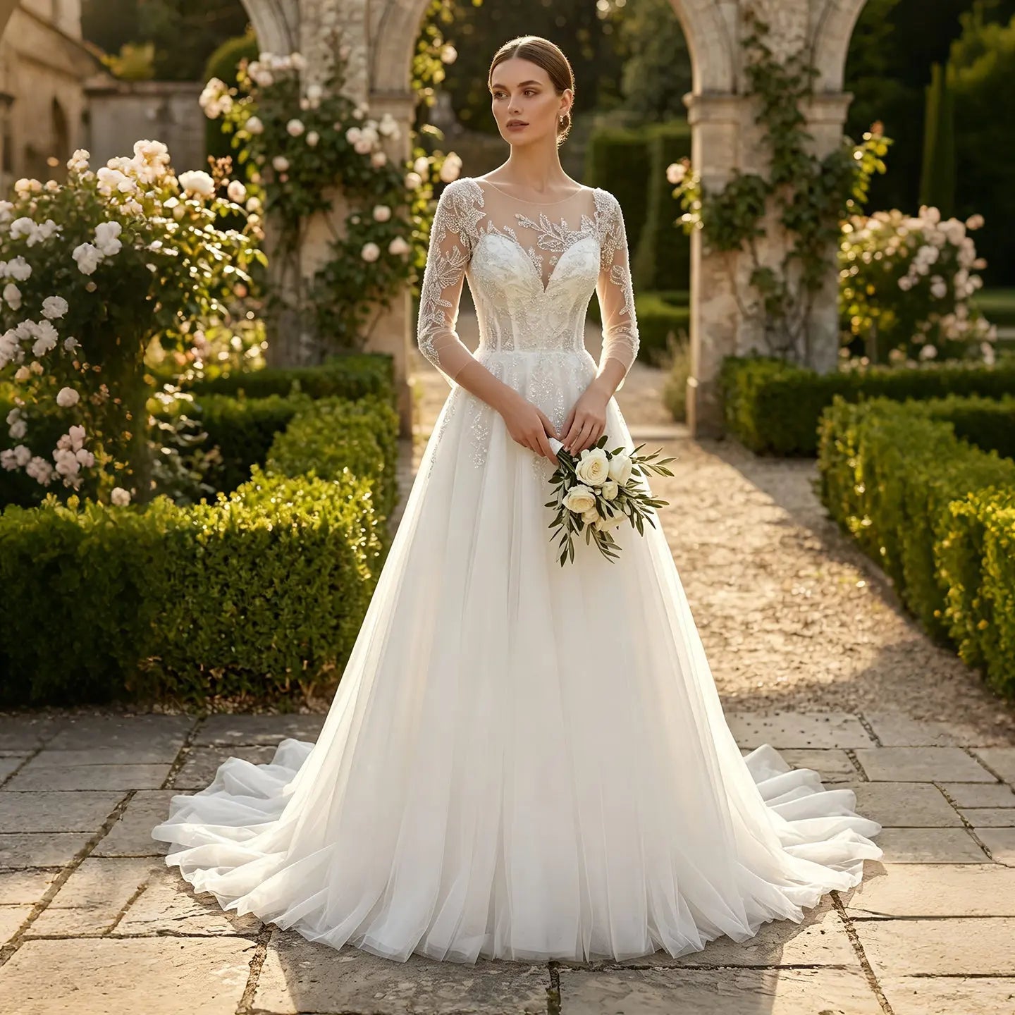 Glamorous White Illusion Neck Lace & Tulle Wedding Dress with Cathedral Train SW709