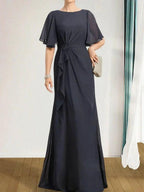 A-line Scoop Floor-Length Chiffon Mother of the Bride Dress With Cascading Ruffles Beading Sequins by Dreamylily