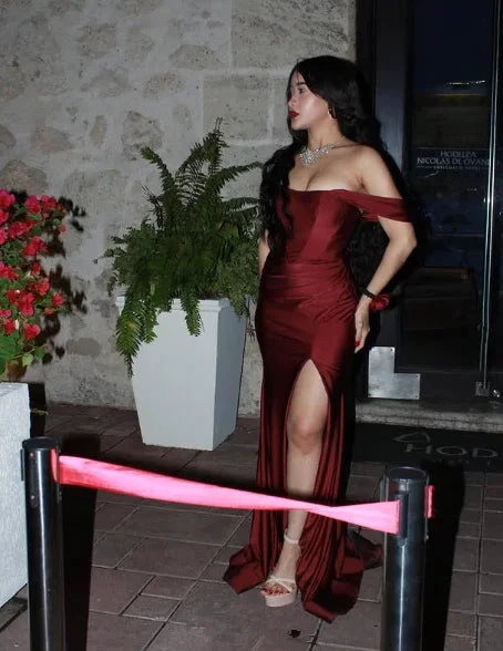Elegant Burgundy Off The Slit Mermaid Evening Dress Formal Prom Dress Y8414 by simplepromdress
