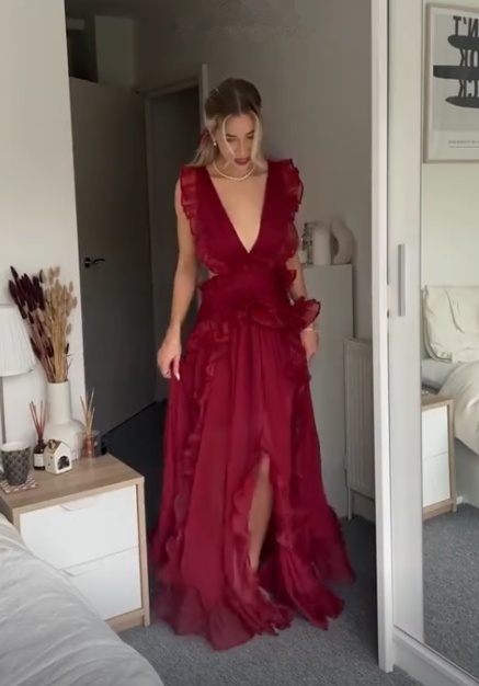 Beautiful Burgundy Chiffon Ruffles Evening Dress Slit Prom Dress Y7715 Hover Image
