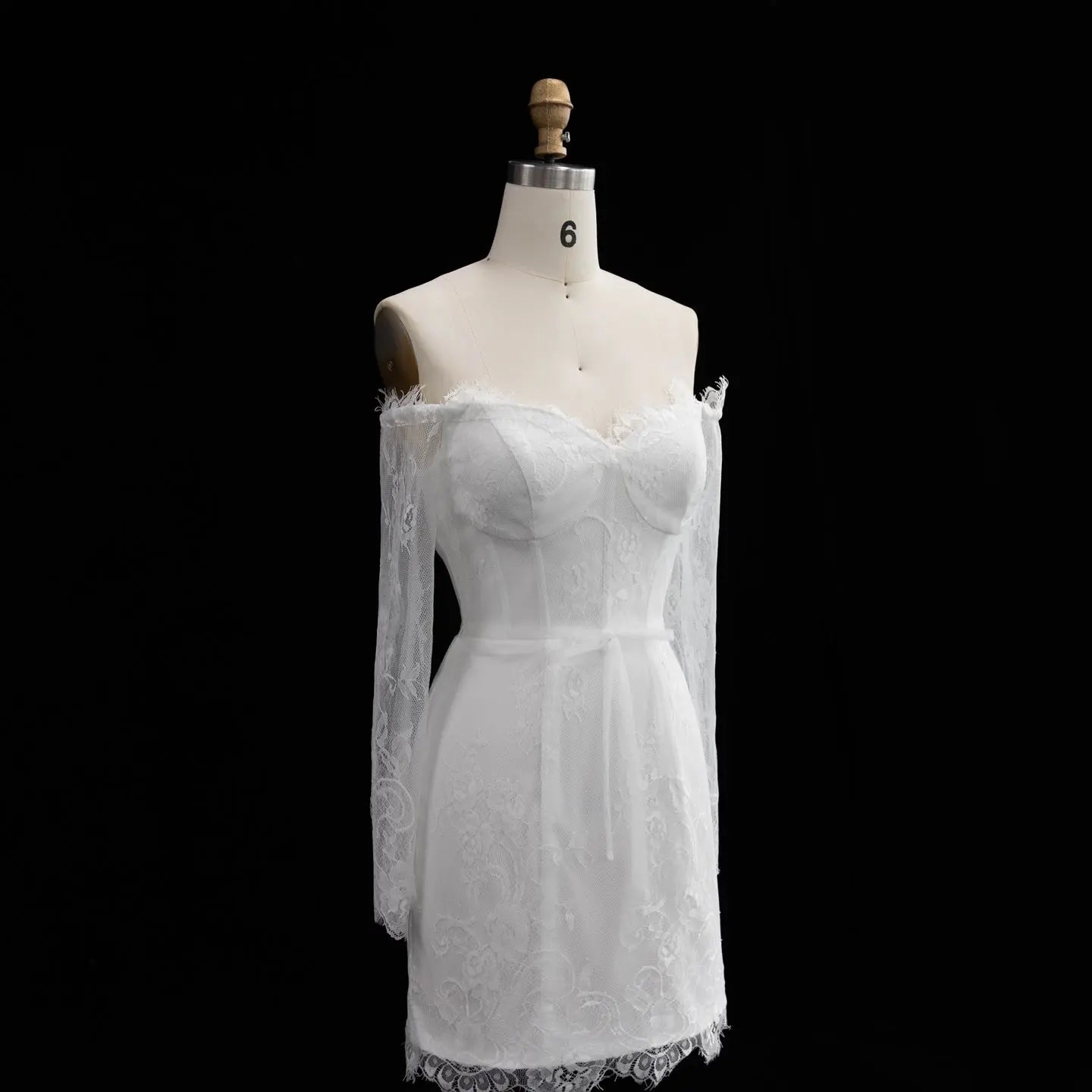 Luxury Ivory Off-the-Shoulder Long Sleeve Lace Mini Wedding Dress SW170