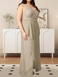 A-Line V-Neck Ruched Metallic Mesh Dress by Dreamylily