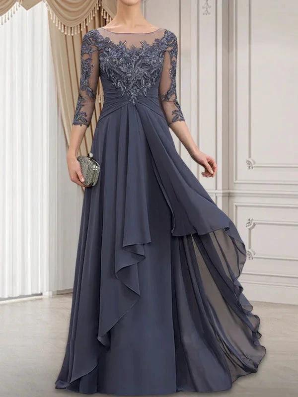 A-line Scoop Illusion Floor-Length Lace Chiffon Mother of the Bride Dress With Cascading Ruffles by Dreamylily