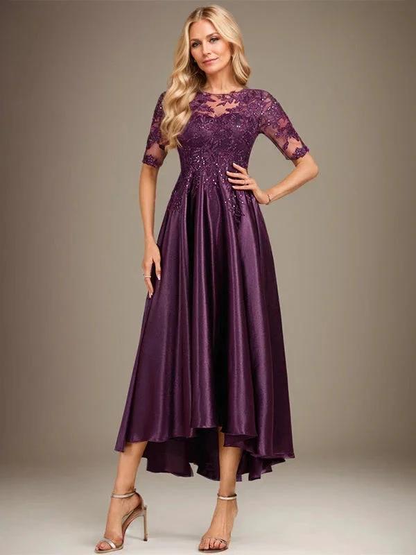 A-line Scoop Illusion Asymmetrical Stretch Satin Lace Mother of the Bride Dress With Sequins by Dreamylily