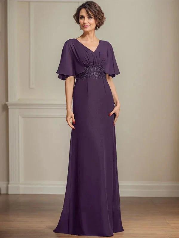 A-line V-Neck Floor-Length Chiffon Mother of the Bride Dress With Pleated Sequins Appliques Lace by Dreamylily