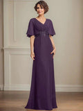 A-line V-Neck Floor-Length Chiffon Mother of the Bride Dress With Pleated Sequins Appliques Lace by Dreamylily