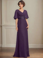 A-line V-Neck Floor-Length Chiffon Mother of the Bride Dress With Pleated Sequins Appliques Lace by Dreamylily