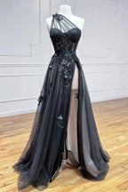 A Line One Shoulder Black Long Prom Dress with Appliques by KissProm