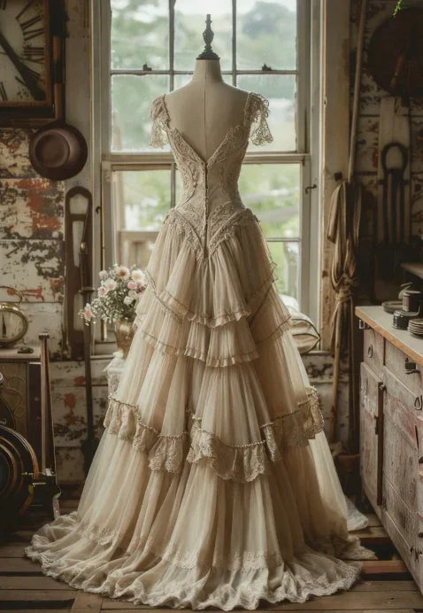 Vestido de noche vintage de gasa con encaje y corte en A, elegante vestido de novia Y7720