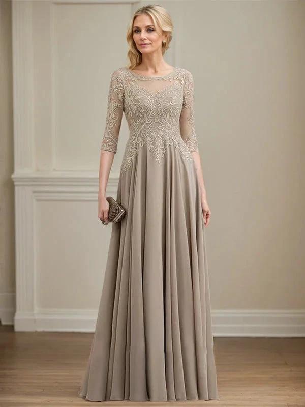 A-line Scoop Illusion Floor-Length Lace Chiffon Mother of the Bride Dress With Sequins by Dreamylily