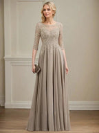 A-line Scoop Illusion Floor-Length Lace Chiffon Mother of the Bride Dress With Sequins by Dreamylily