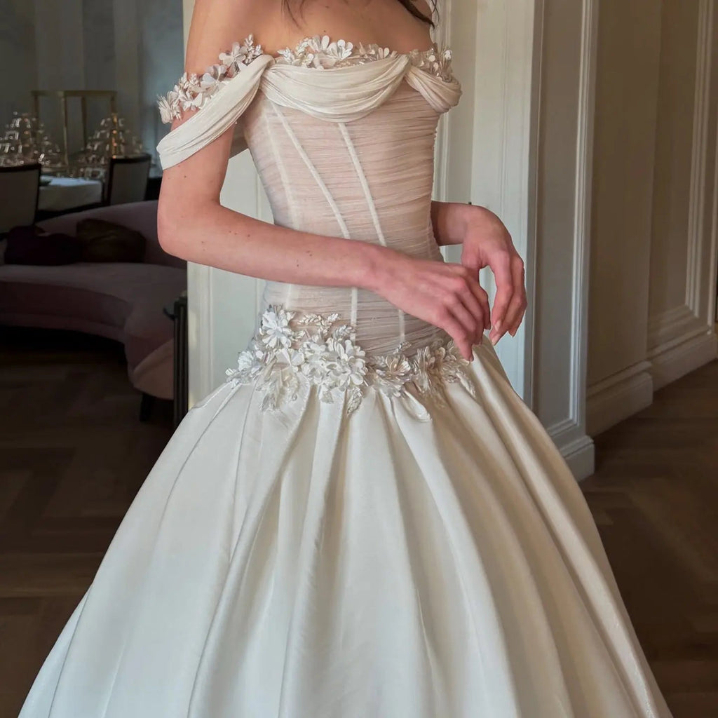 Elegant Ivory Off-the-Shoulder Floral Lace Ball Gown Wedding Dress SW229