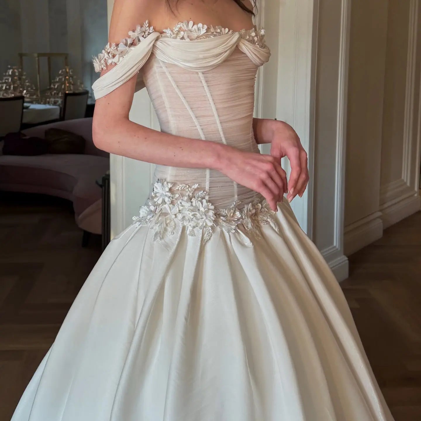 Elegant Ivory Off-the-Shoulder Floral Lace Ball Gown Wedding Dress SW229