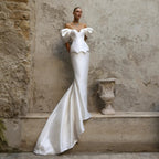 Luxury White Satin Off-the-Shoulder Puff Sleeve Mermaid Wedding Dress SW178