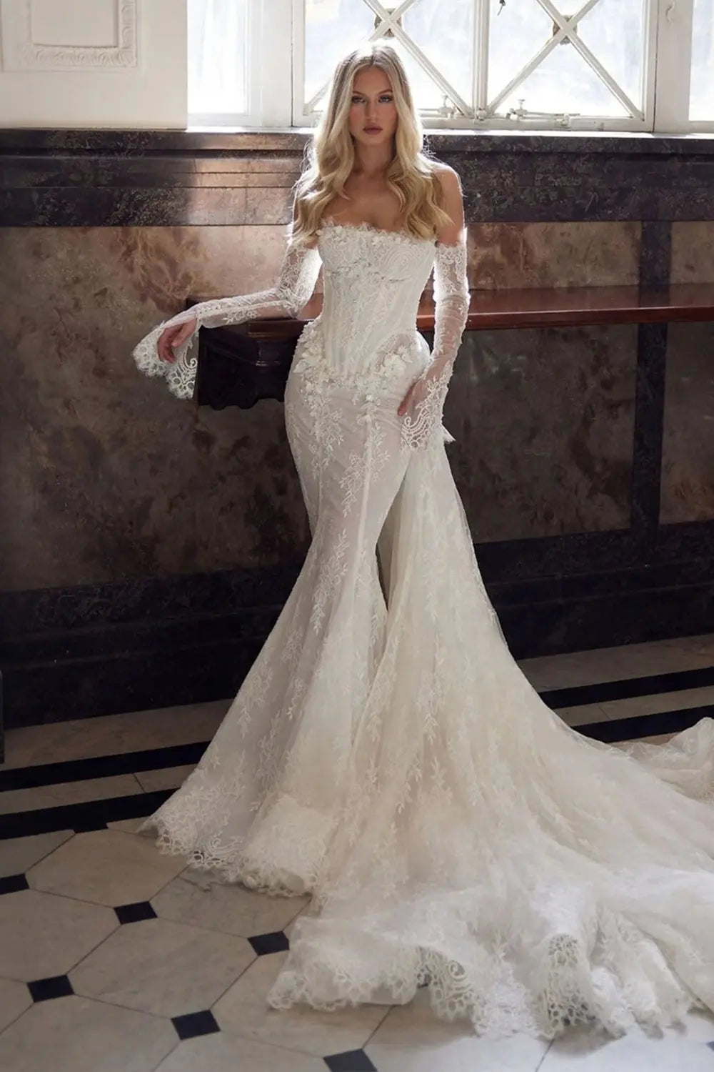 White Lace Applique Corset Bridal Gown with Cathedral Train SW671