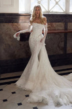 White Lace Applique Corset Bridal Gown with Cathedral Train SW671