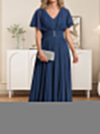 A-line V-Neck Floor-Length Chiffon Mother of the Bride Dress With Crystal Brooch Pleated by Dreamylily