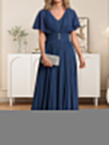 A-line V-Neck Floor-Length Chiffon Mother of the Bride Dress With Crystal Brooch Pleated