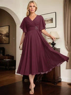 A-line V-Neck Tea-Length Chiffon Mother of the Bride Dress With Pleated Beading by Dreamylily
